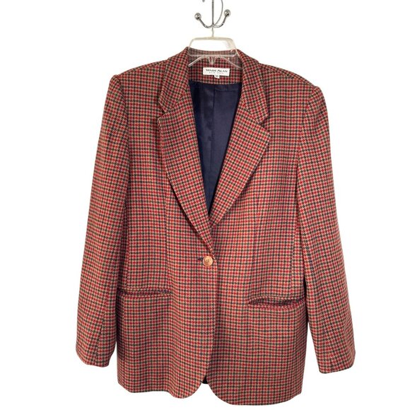 VTG 60s 70s Wool Blend Blazer Jacket Fall Winter Houndstooth Academia Women's 10 - Picture 1 of 8